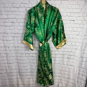 Silk Full Length Reversible Kimono Robe One Size Green and Gold Dragon   CLT